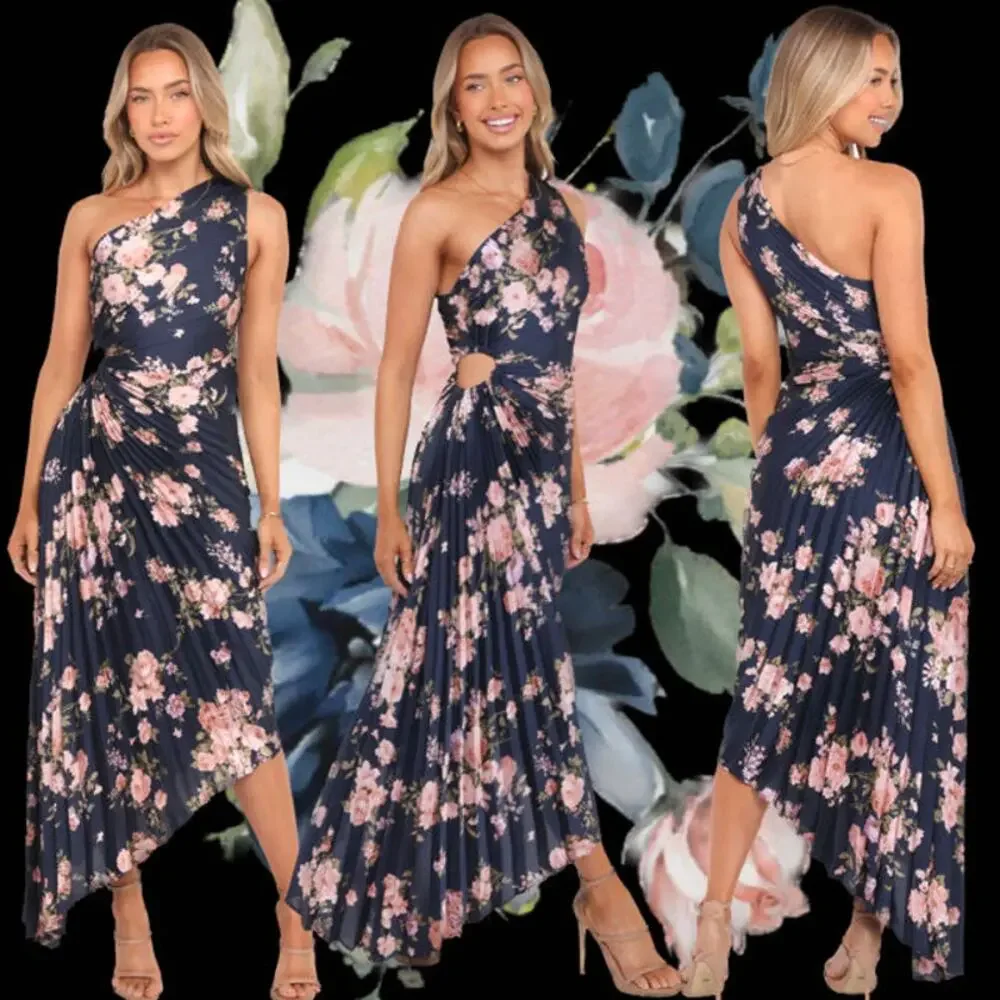 Petal & Pup Pleated Navy Floral One Shoulder Kleo Maxi Dress Size S - Picture 2 of 14